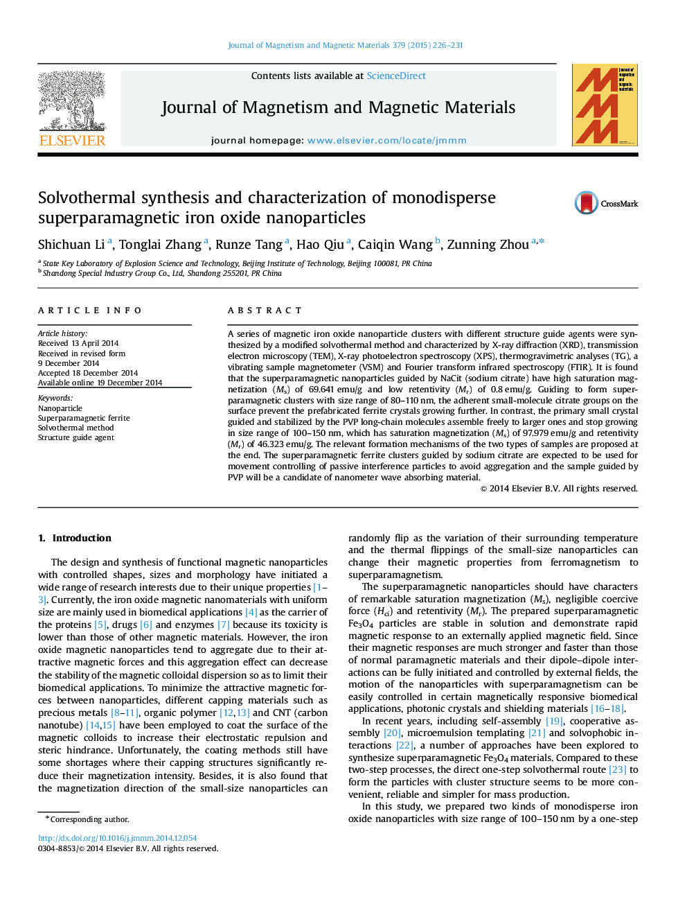 Solvothermal synthesis and characterization of monodisperse superparamagnetic iron oxide nanoparticles