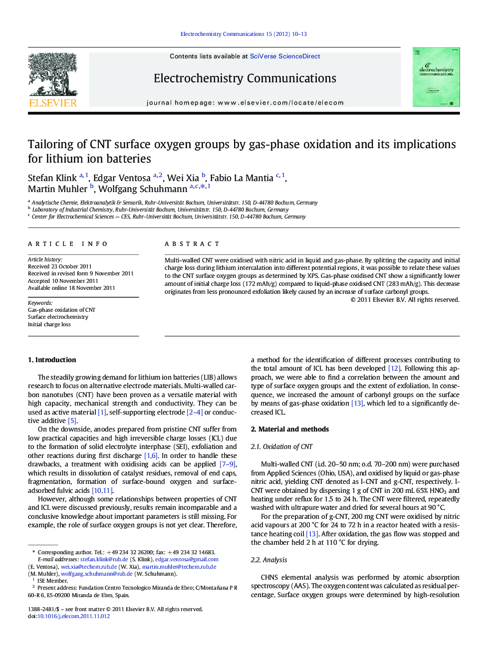 Tailoring of CNT surface oxygen groups by gas-phase oxidation and its implications for lithium ion batteries