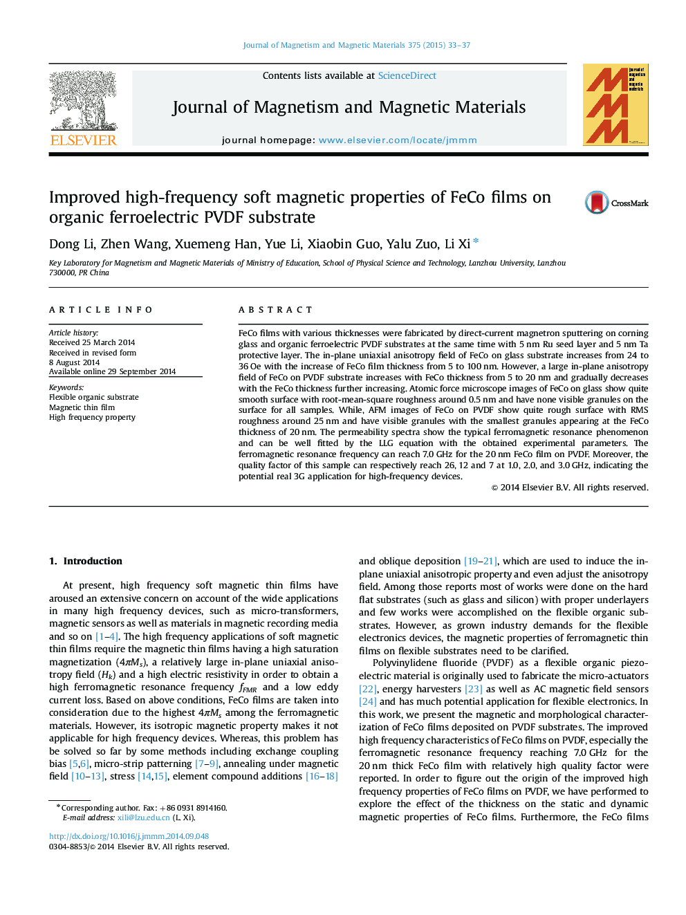 Improved high-frequency soft magnetic properties of FeCo films on organic ferroelectric PVDF substrate