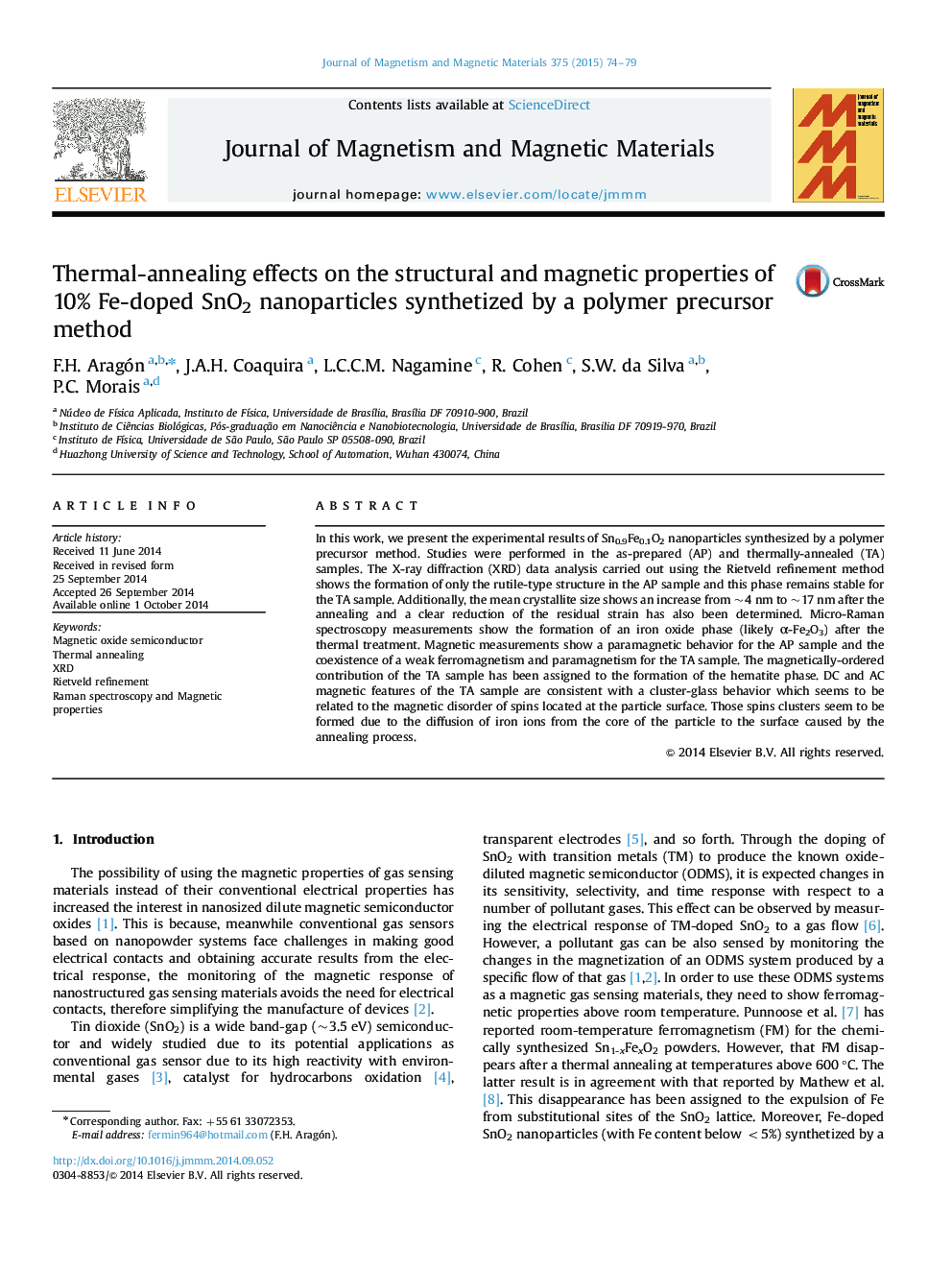 Thermal-annealing effects on the structural and magnetic properties of 10% Fe-doped SnO2 nanoparticles synthetized by a polymer precursor method