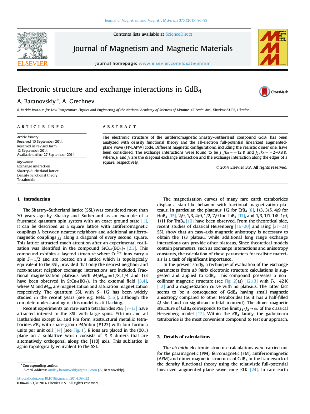 عکس صفحه اول مقاله: Electronic structure and exchange interactions in GdB4 Electronic structure and exchange interactions in GdB4
