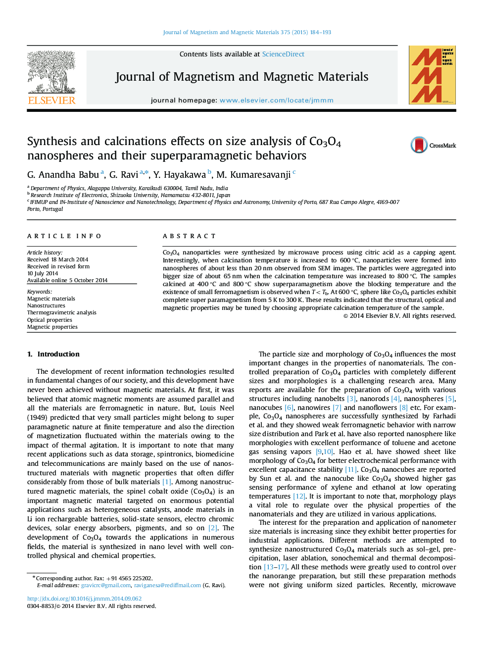 عکس صفحه اول مقاله: Synthesis and calcinations effects on size analysis of Co3O4 nanospheres and their superparamagnetic behaviors Synthesis and calcinations effects on size analysis of Co3O4 nanospheres and their superparamagnetic behaviors