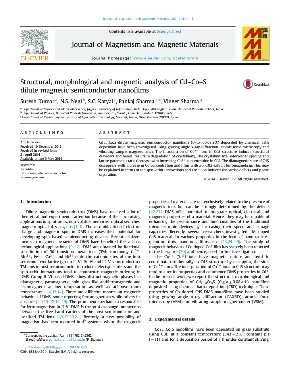 Structural, morphological and magnetic analysis of Cd–Co–S dilute magnetic semiconductor nanofilms