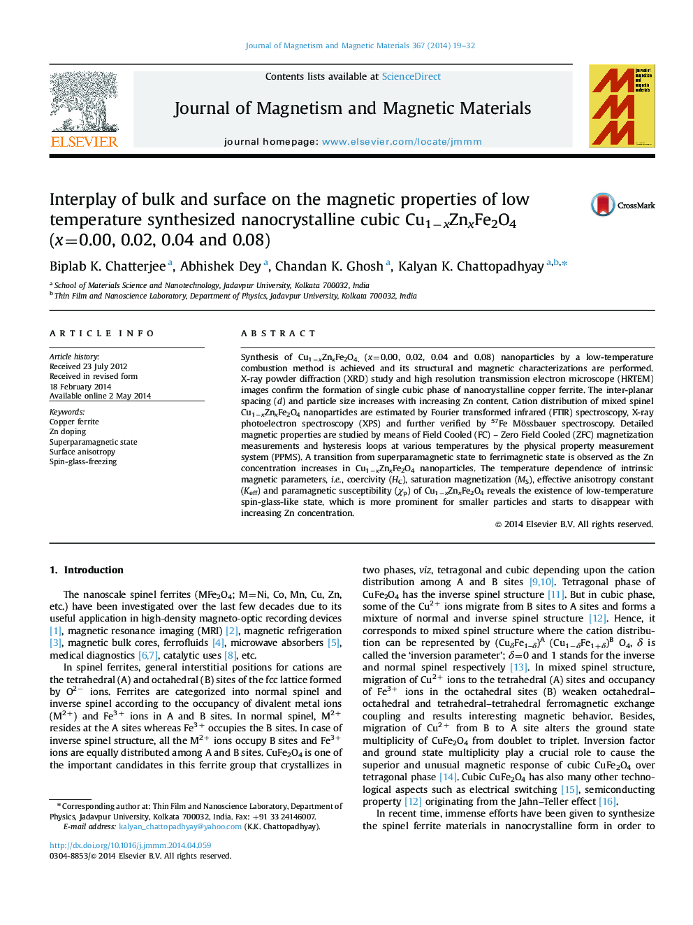 Interplay of bulk and surface on the magnetic properties of low temperature synthesized nanocrystalline cubic Cu1−xZnxFe2O4 (x=0.00, 0.02, 0.04 and 0.08)