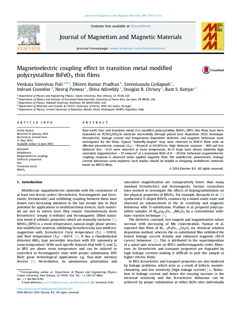 Magnetoelectric coupling effect in transition metal modified polycrystalline BiFeO3 thin films