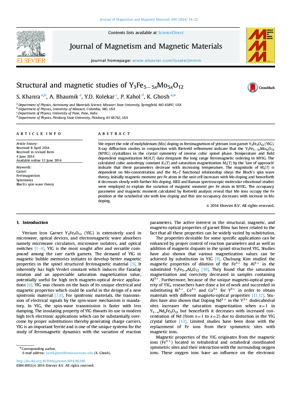 Structural and magnetic studies of Y3Fe5−5xMo5xO12