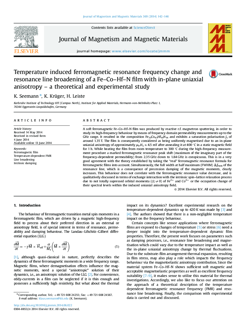 Temperature induced ferromagnetic resonance frequency change and resonance line broadening of a Fe–Co–Hf–N film with in-plane uniaxial anisotropy – a theoretical and experimental study