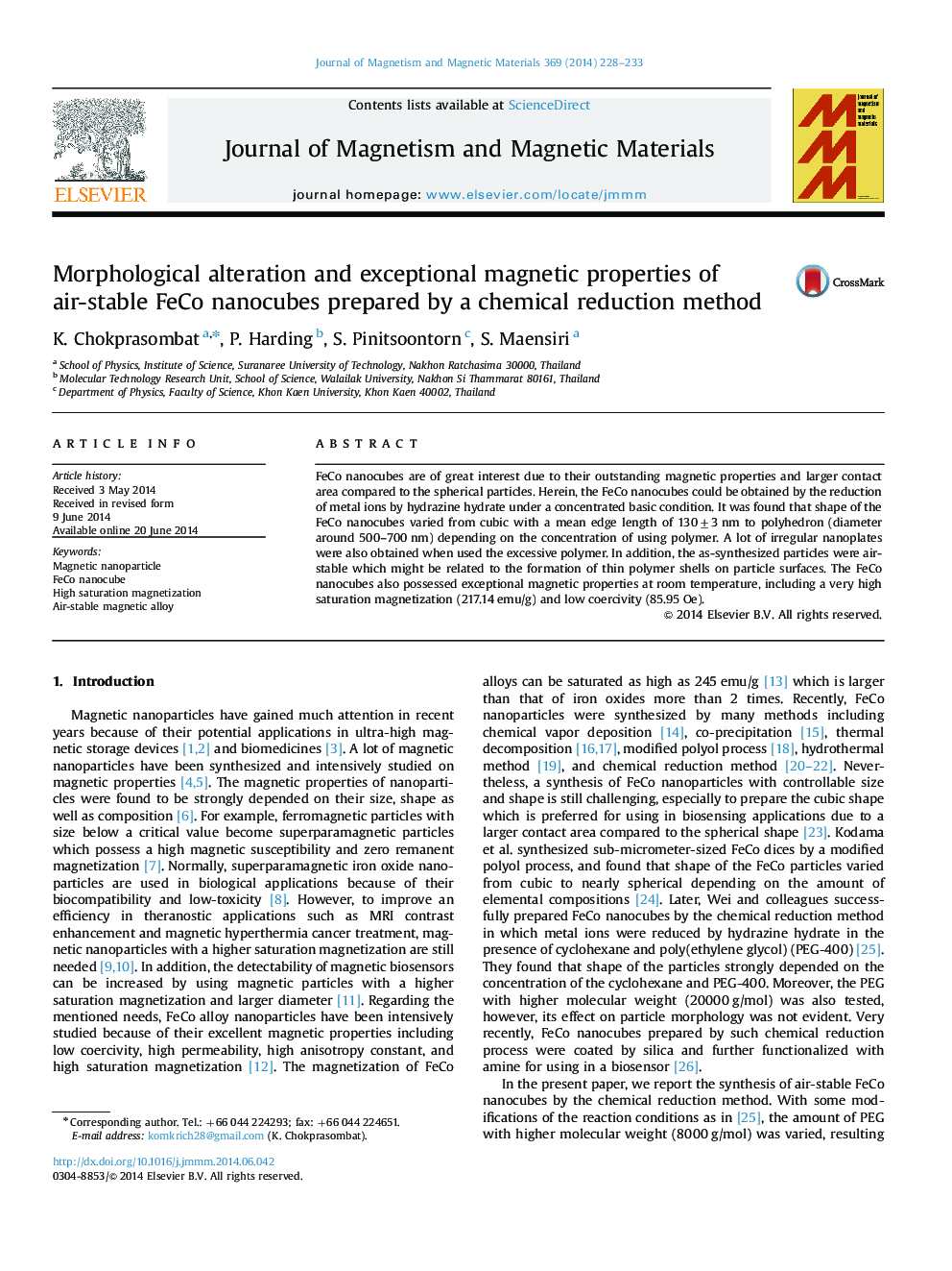 Morphological alteration and exceptional magnetic properties of air-stable FeCo nanocubes prepared by a chemical reduction method