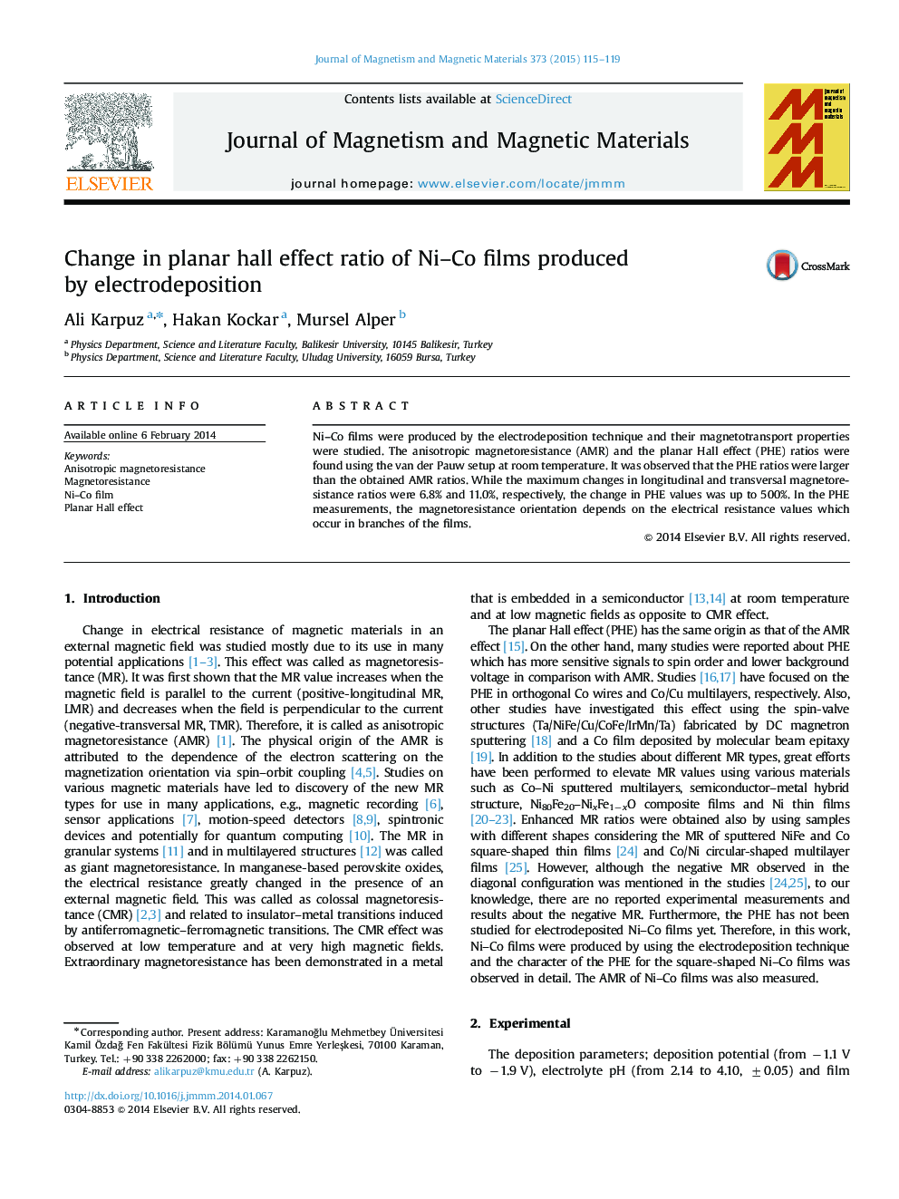 Change in planar hall effect ratio of Ni–Co films produced by electrodeposition