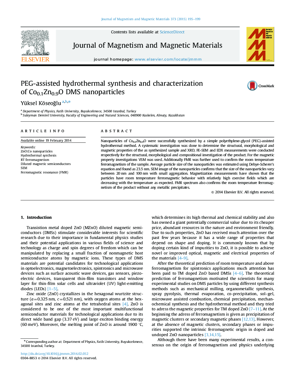 PEG-assisted hydrothermal synthesis and characterization of Co0.1Zn0.9O DMS nanoparticles