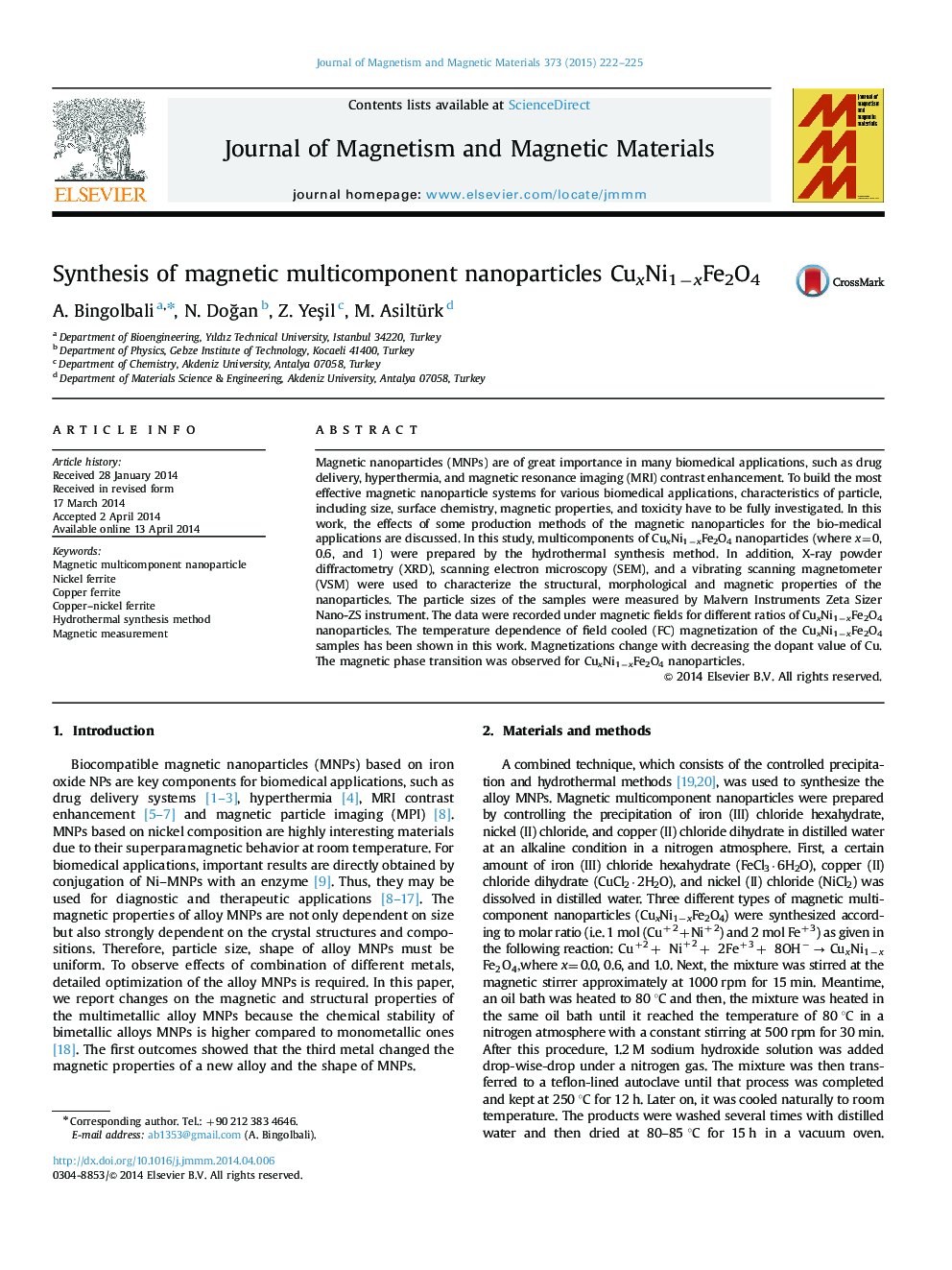 Synthesis of magnetic multicomponent nanoparticles CuxNi1−xFe2O4