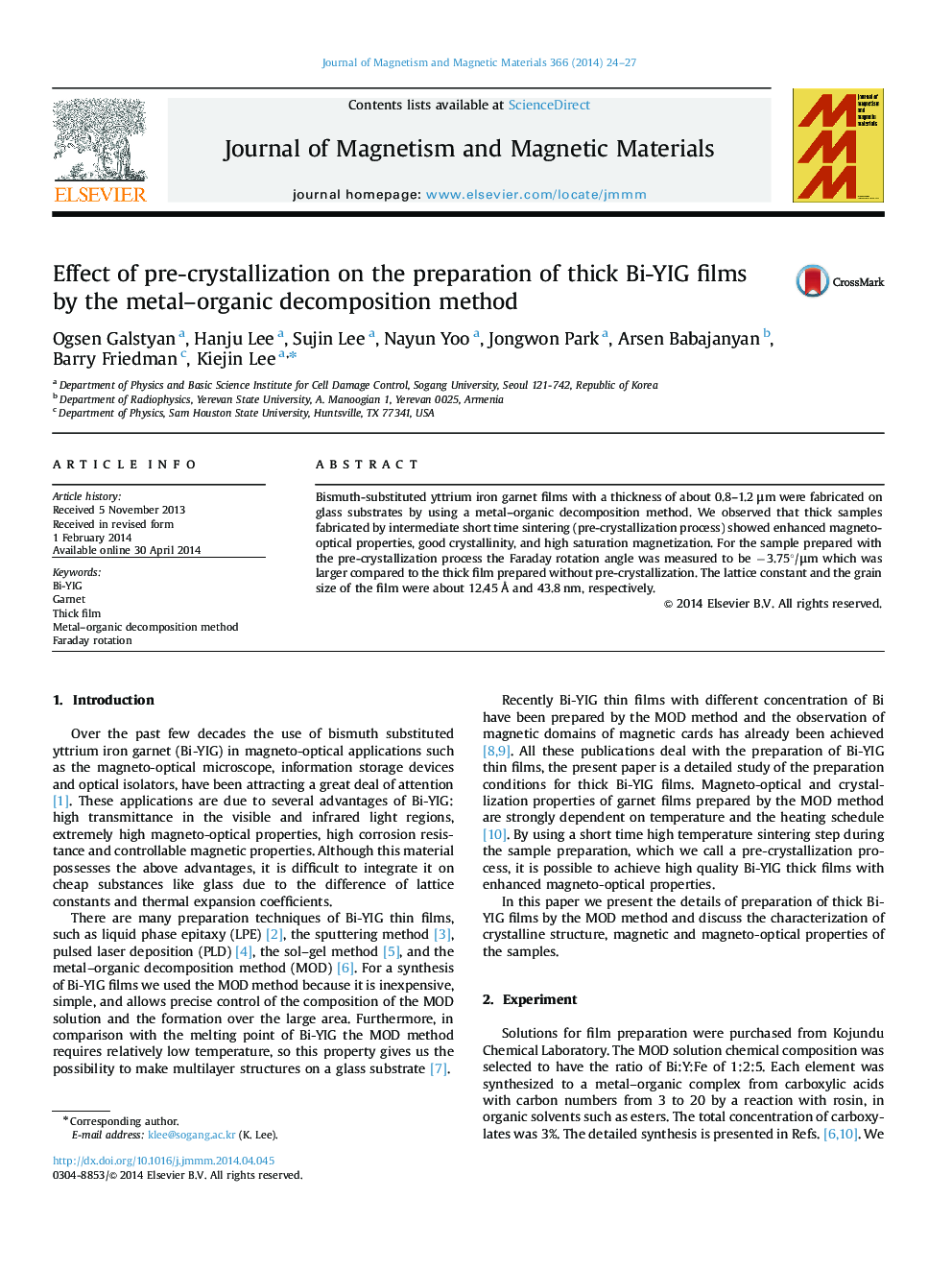 Effect of pre-crystallization on the preparation of thick Bi-YIG films by the metal–organic decomposition method