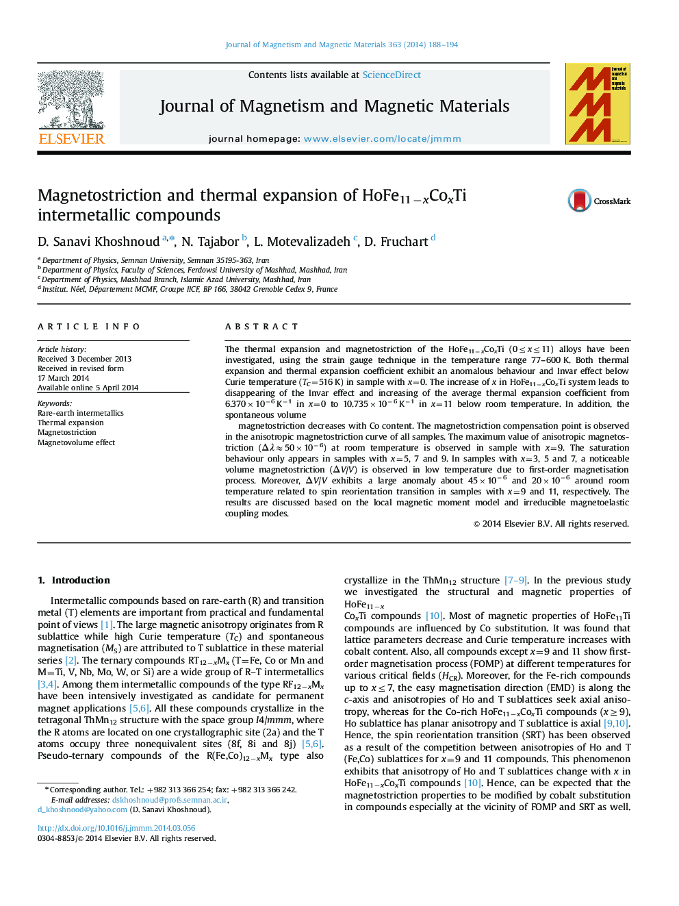 Magnetostriction and thermal expansion of HoFe11−xCoxTi intermetallic compounds