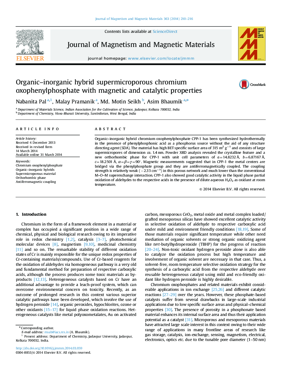 Organic–inorganic hybrid supermicroporous chromium oxophenylphosphate with magnetic and catalytic properties