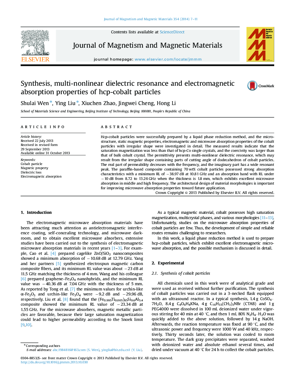 Synthesis, multi-nonlinear dielectric resonance and electromagnetic absorption properties of hcp-cobalt particles