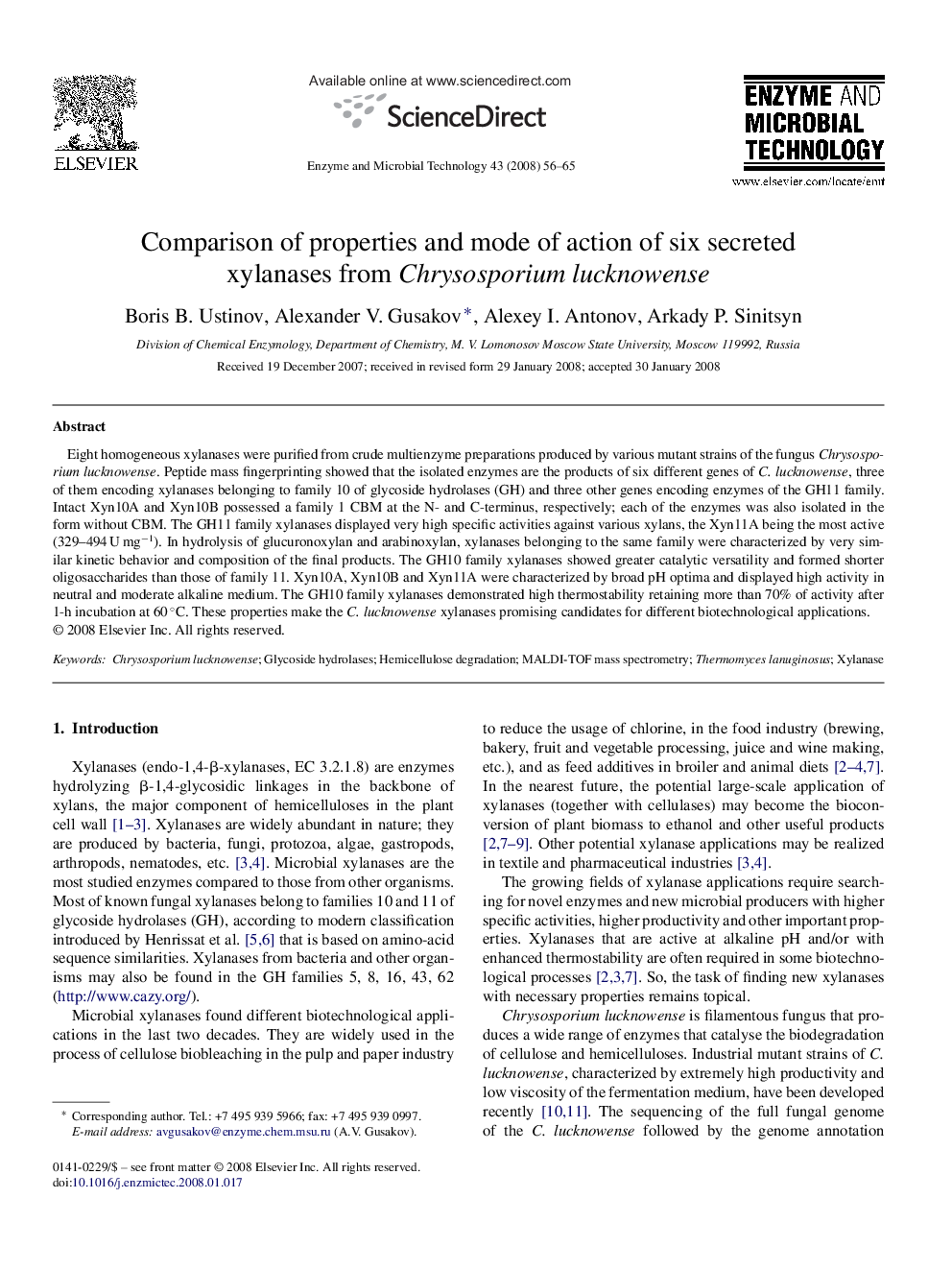 Comparison of properties and mode of action of six secreted xylanases from Chrysosporium lucknowense