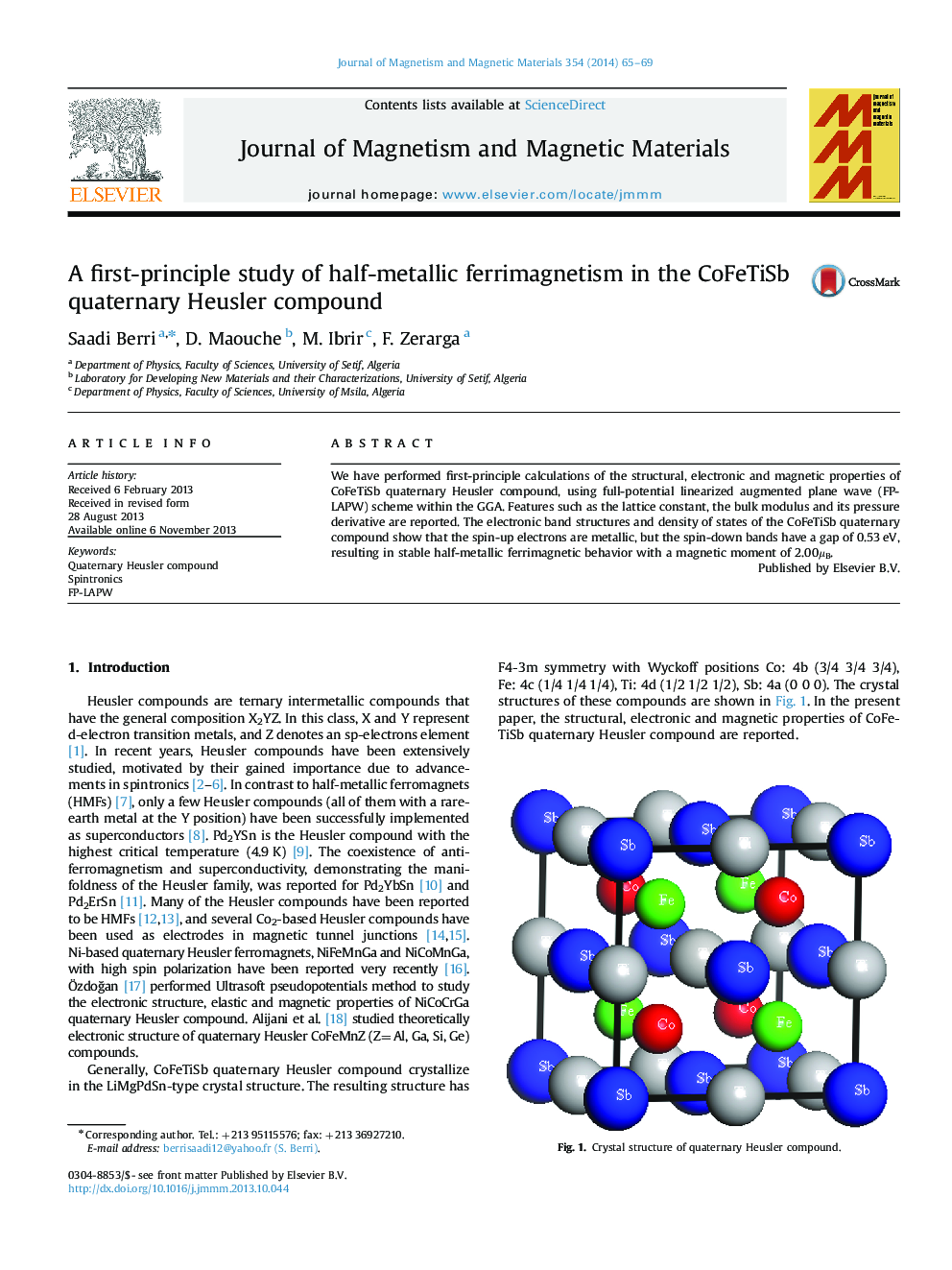 A first-principle study of half-metallic ferrimagnetism in the CoFeTiSb quaternary Heusler compound