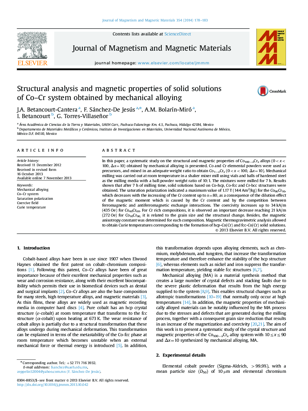 Structural analysis and magnetic properties of solid solutions of Co–Cr system obtained by mechanical alloying