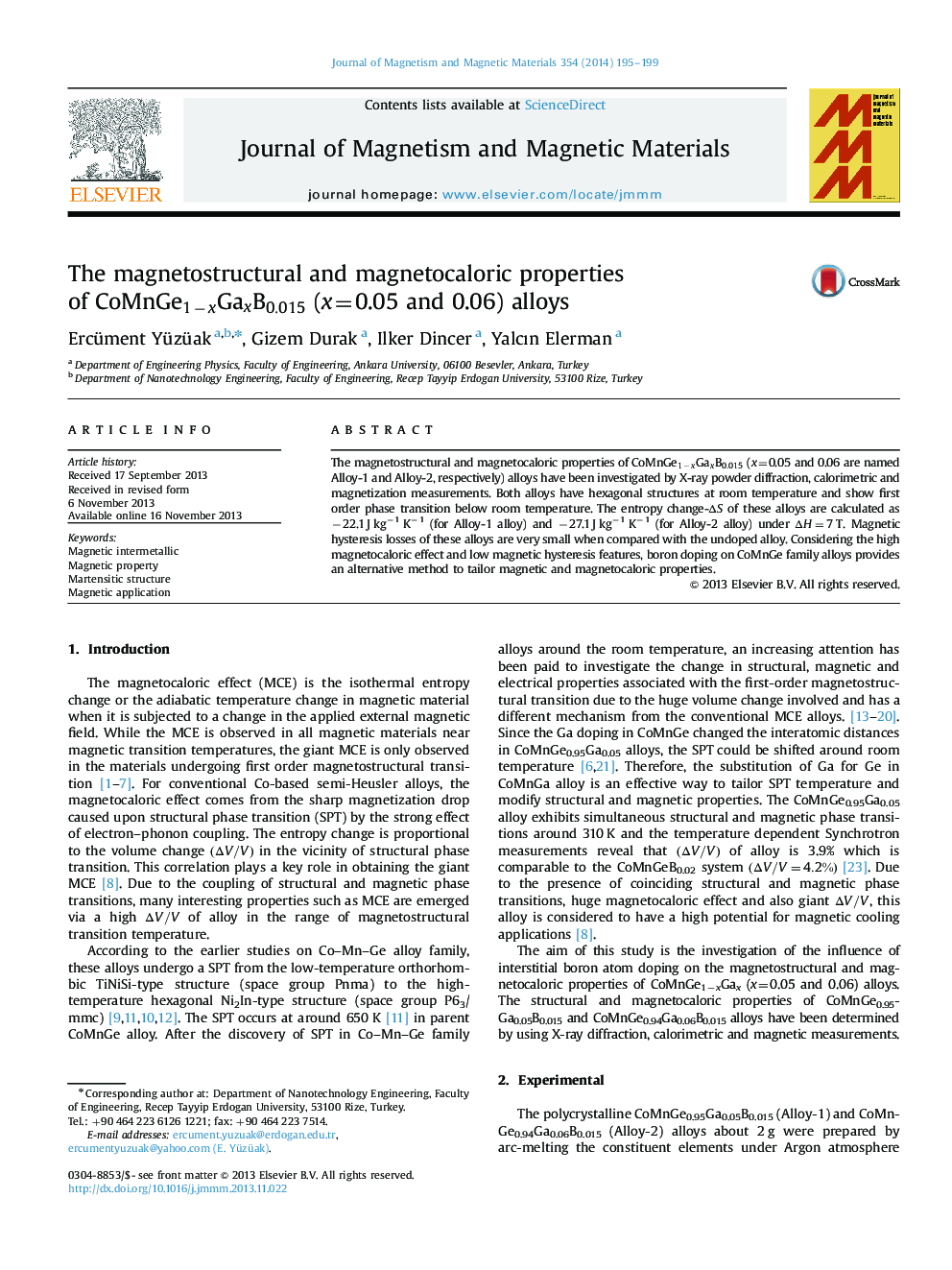 The magnetostructural and magnetocaloric properties of CoMnGe1−xGaxB0.015CoMnGe1−xGaxB0.015 (x=0.05 and 0.06) alloys