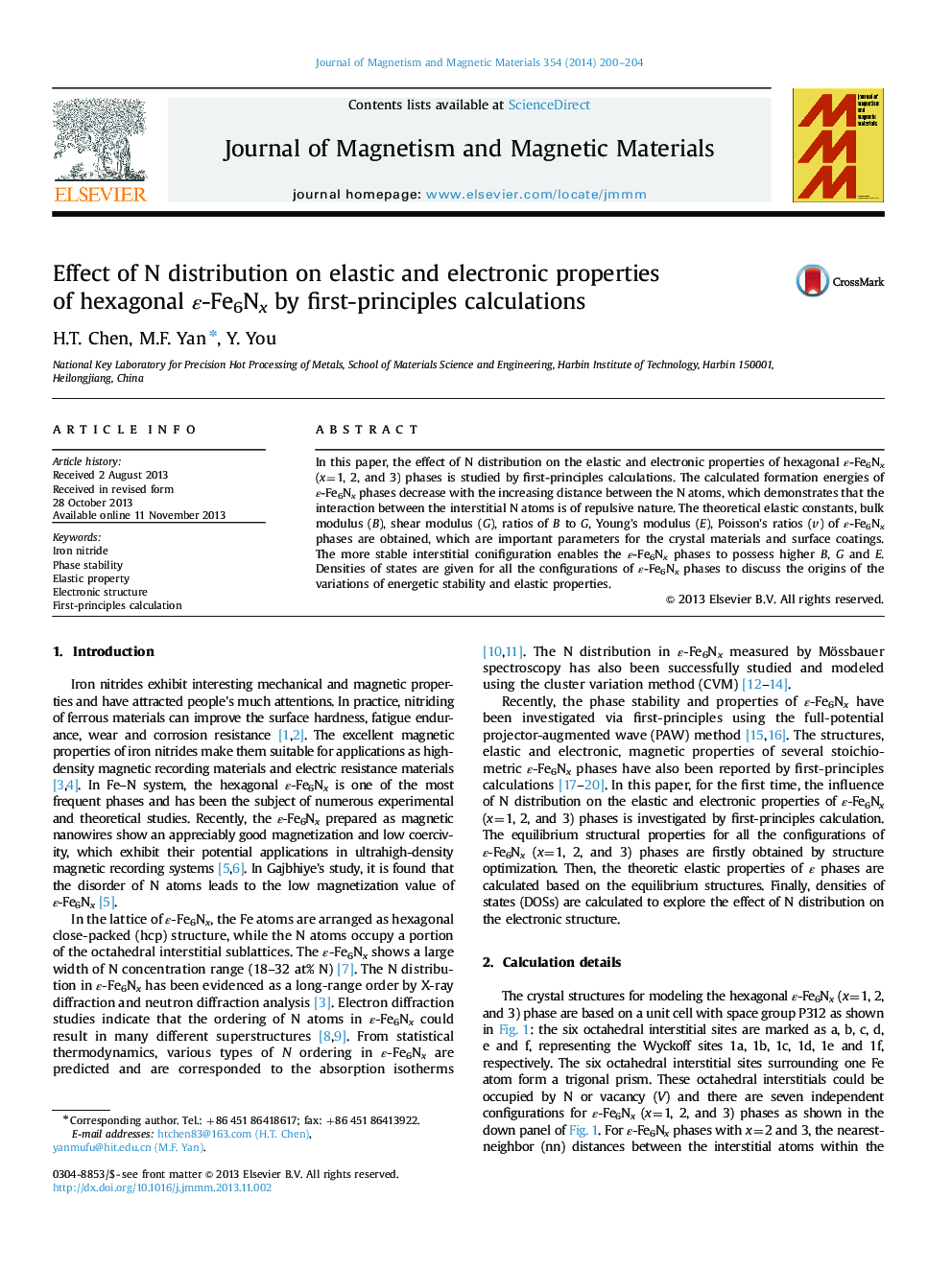 Effect of N distribution on elastic and electronic properties of hexagonal Îµ-Fe6Nx by first-principles calculations