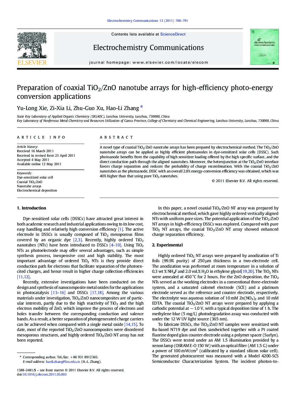 Preparation of coaxial TiO2/ZnO nanotube arrays for high-efficiency photo-energy conversion applications