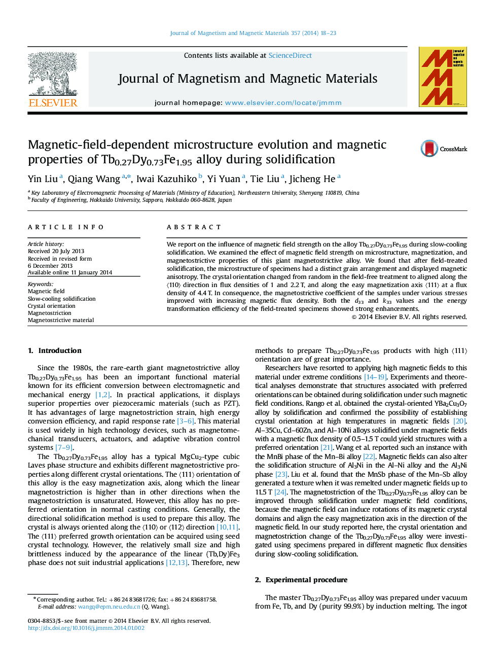 Magnetic-field-dependent microstructure evolution and magnetic properties of Tb0.27Dy0.73Fe1.95 alloy during solidification