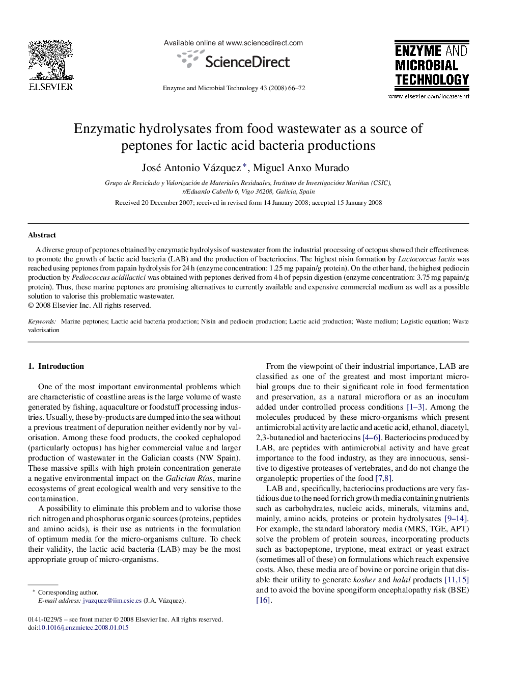 Enzymatic hydrolysates from food wastewater as a source of peptones for lactic acid bacteria productions