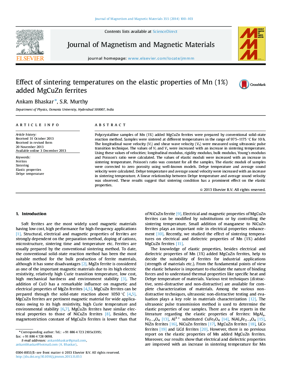 Effect of sintering temperatures on the elastic properties of Mn (1%) added MgCuZn ferrites