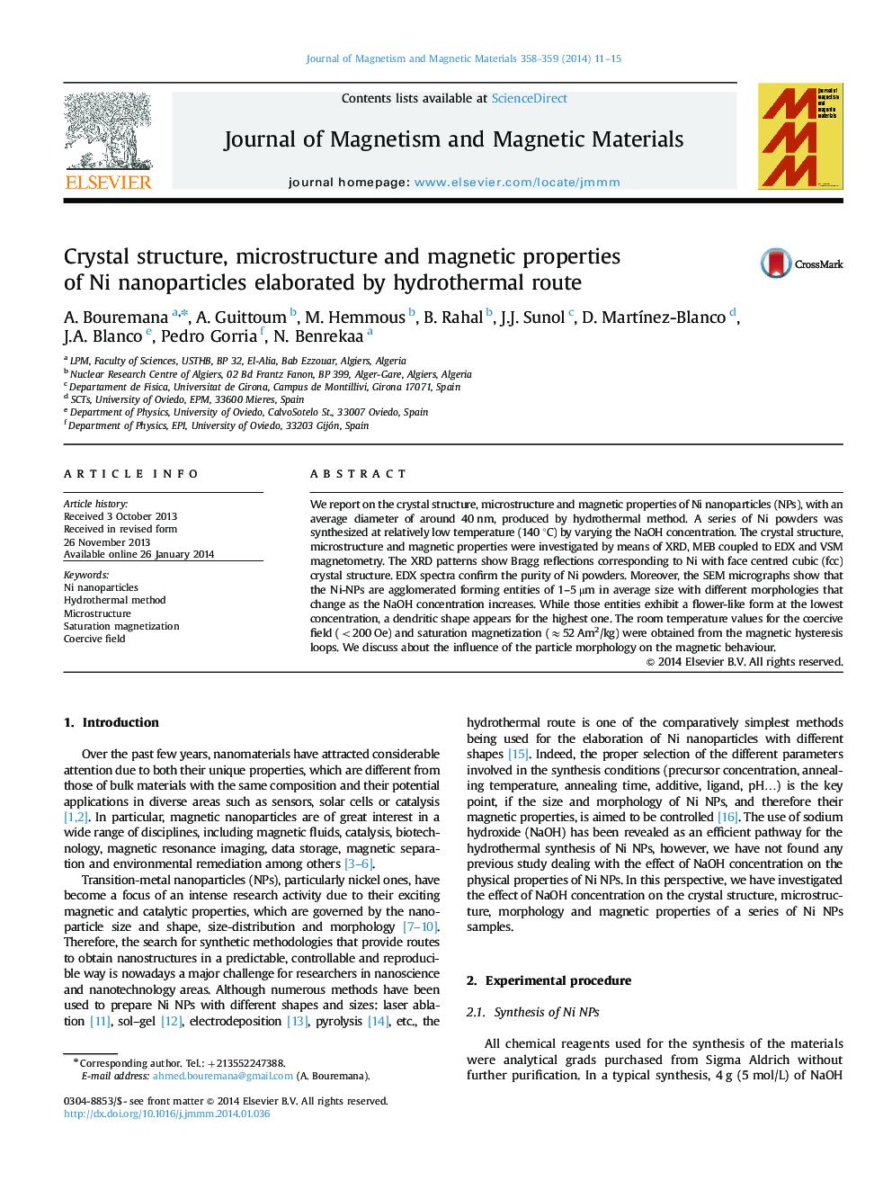 Crystal structure, microstructure and magnetic properties of Ni nanoparticles elaborated by hydrothermal route