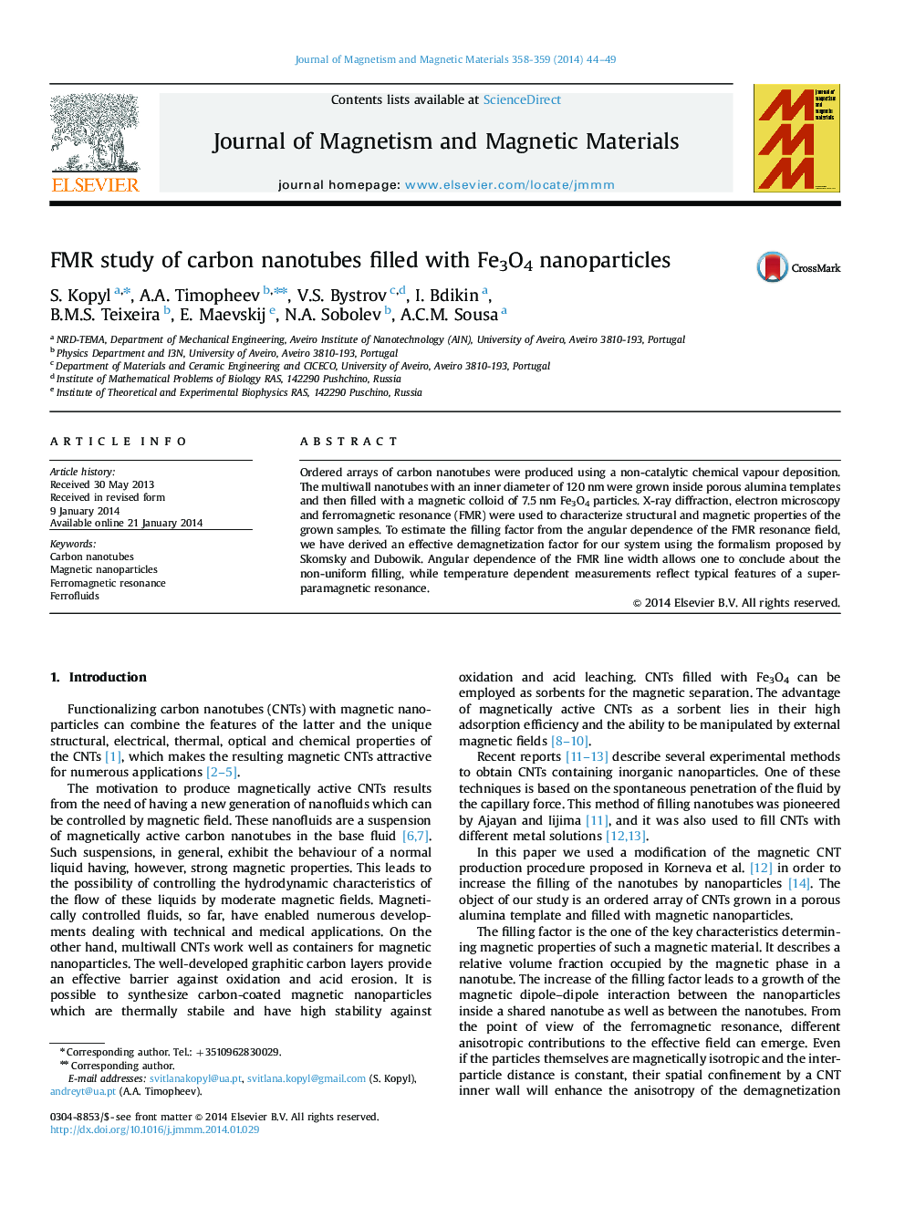 FMR study of carbon nanotubes filled with Fe3O4 nanoparticles