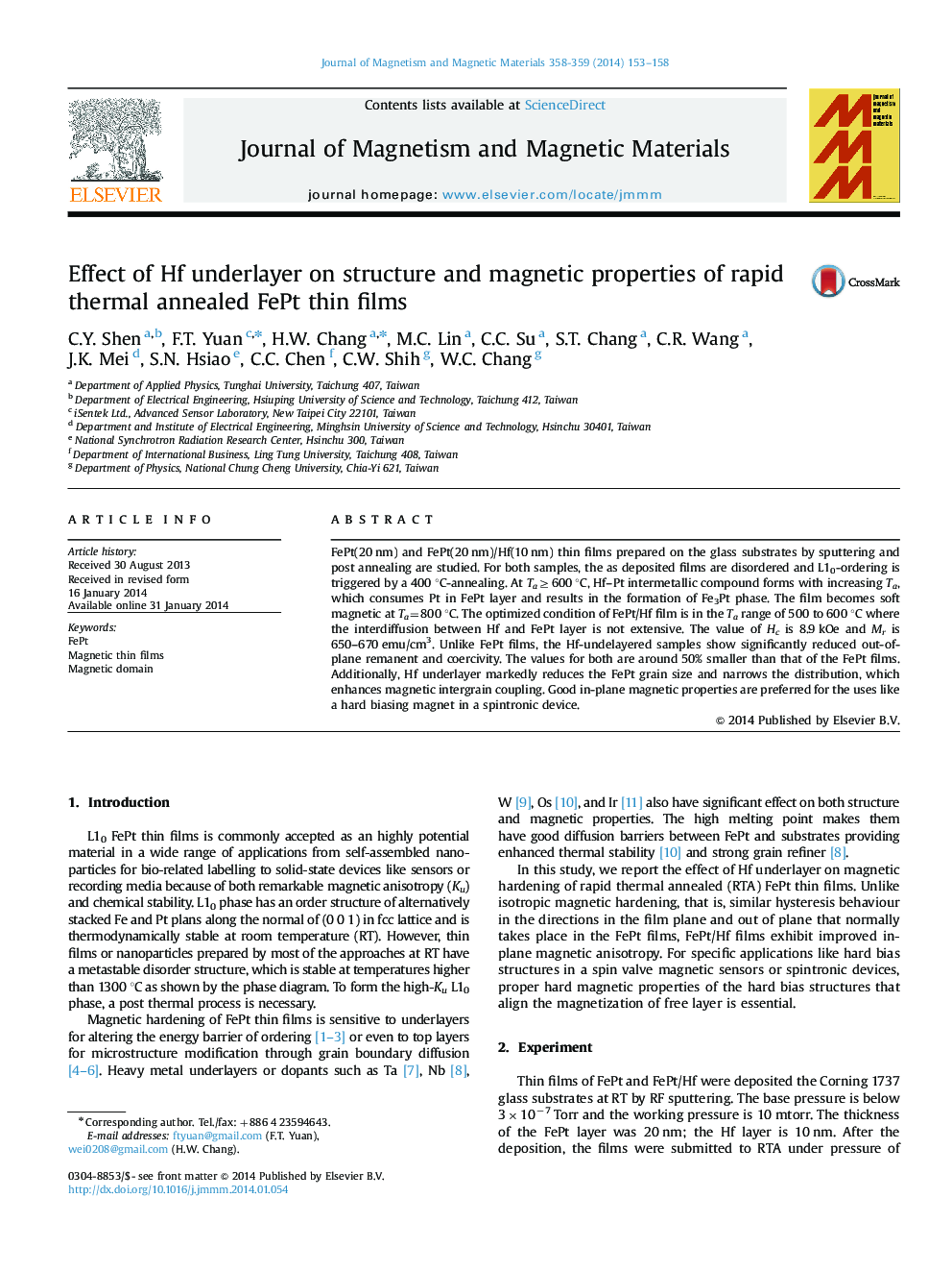 Effect of Hf underlayer on structure and magnetic properties of rapid thermal annealed FePt thin films