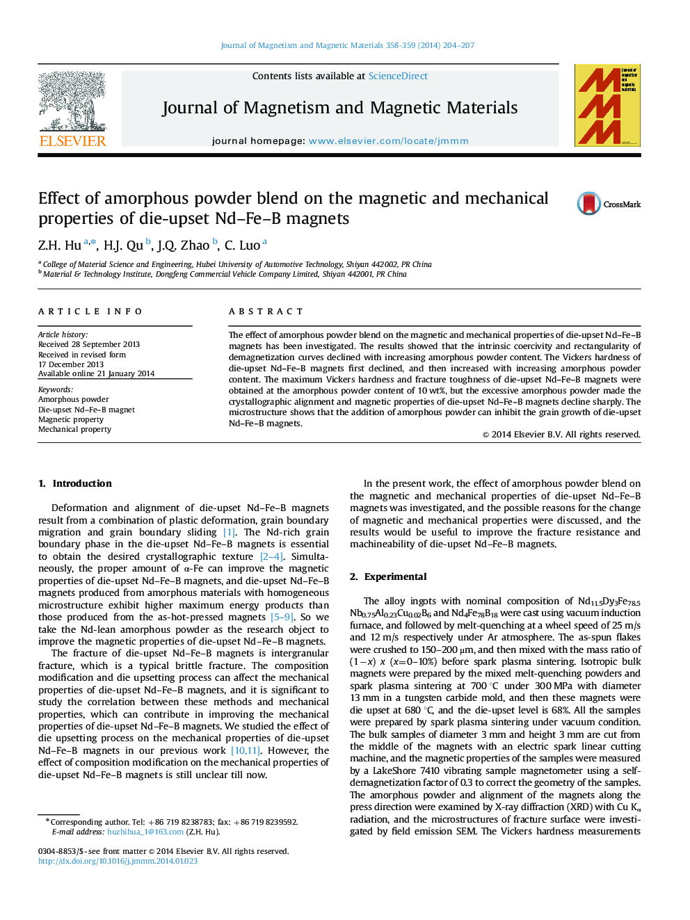 Effect of amorphous powder blend on the magnetic and mechanical properties of die-upset Nd–Fe–B magnets