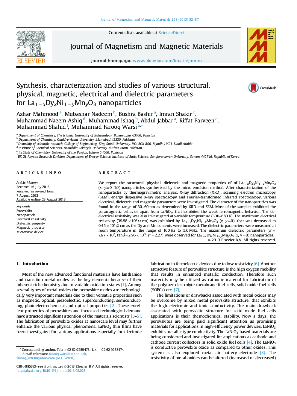 Synthesis, characterization and studies of various structural, physical, magnetic, electrical and dielectric parameters for La1−xDyxNi1−yMnyO3 nanoparticles