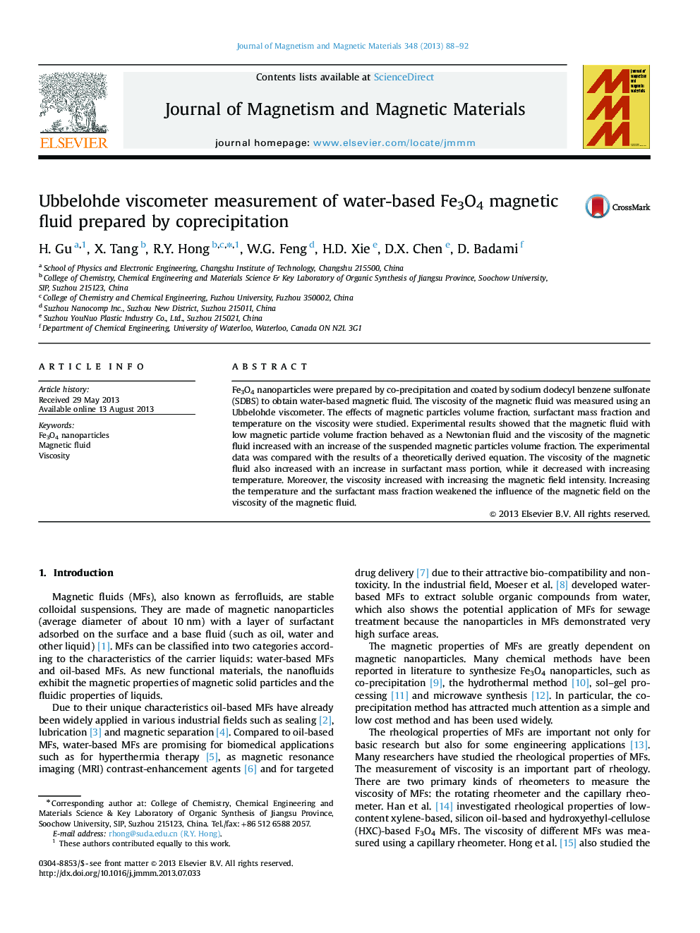 Ubbelohde viscometer measurement of water-based Fe3O4 magnetic fluid prepared by coprecipitation