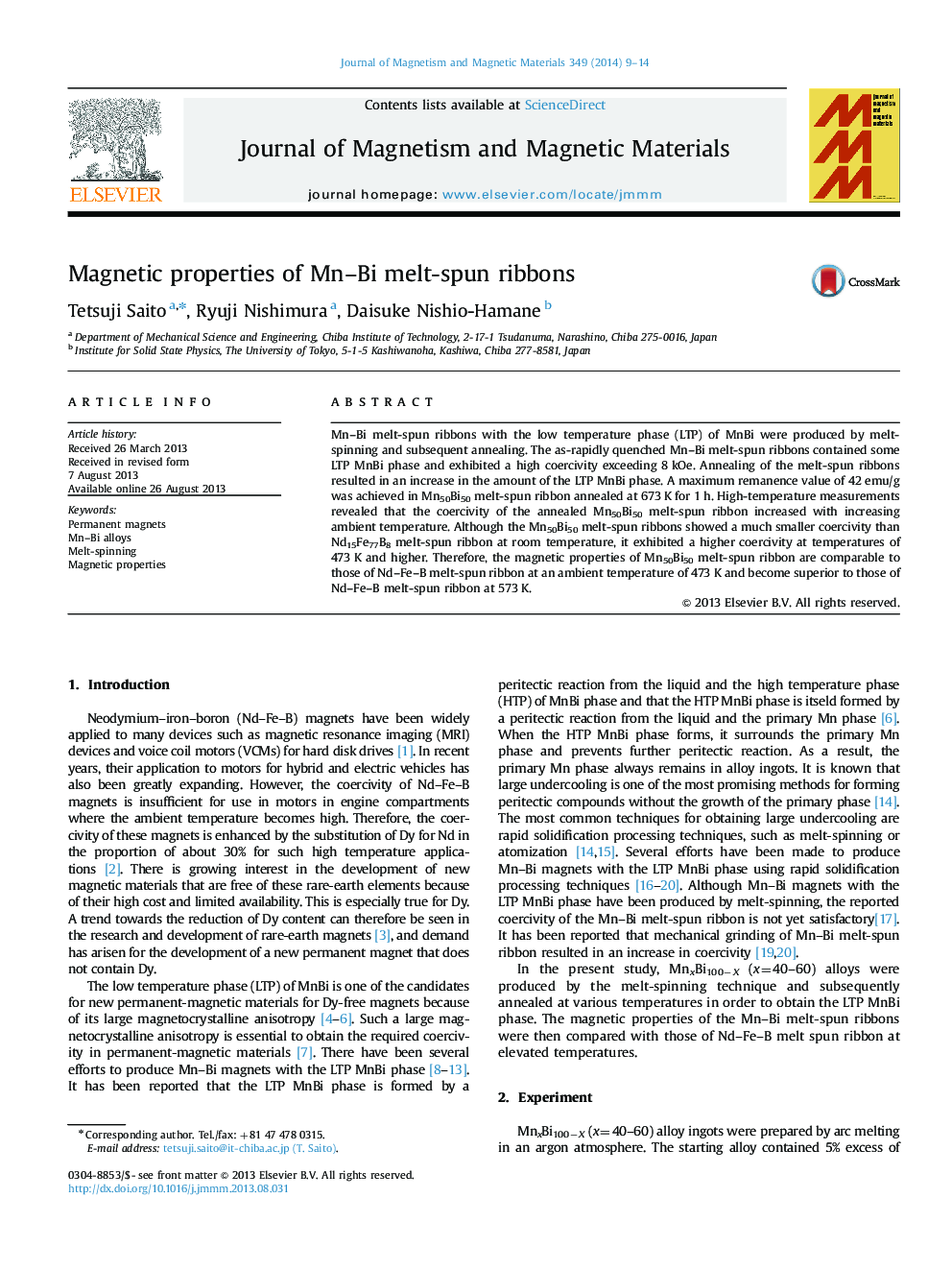 Magnetic properties of Mn–Bi melt-spun ribbons