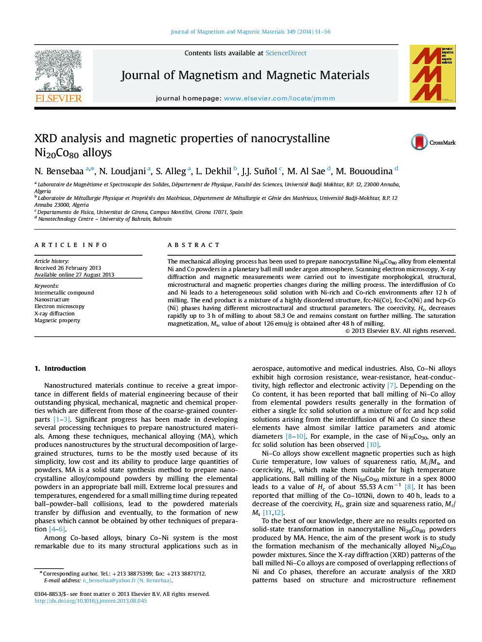 XRD analysis and magnetic properties of nanocrystalline Ni20Co80 alloys