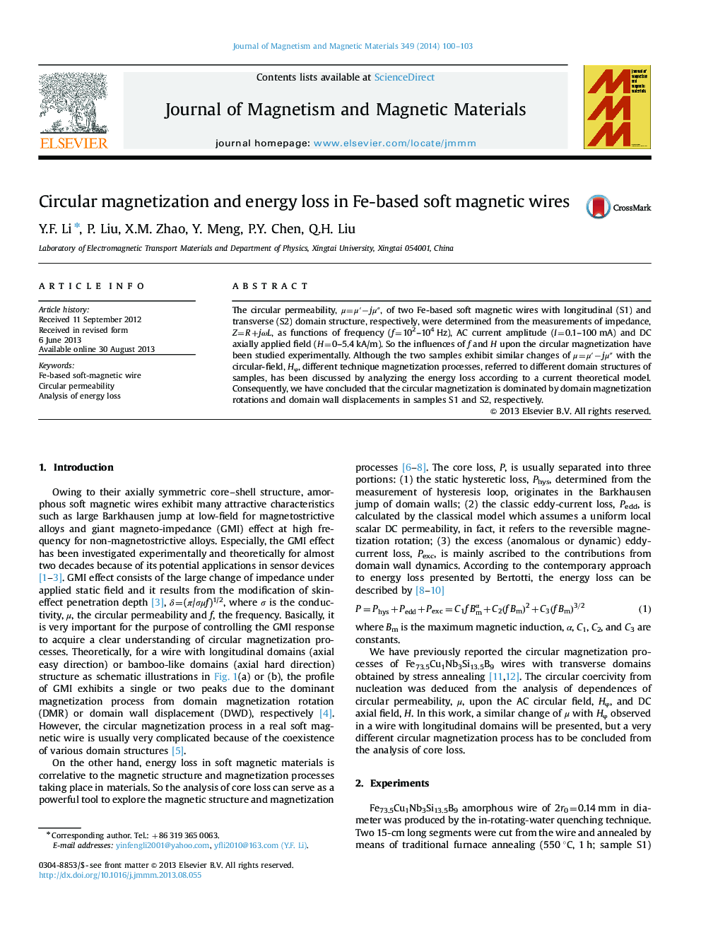 Circular magnetization and energy loss in Fe-based soft magnetic wires