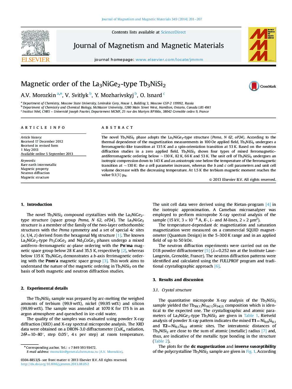 Magnetic order of the La3NiGe2-type Tb3NiSi2