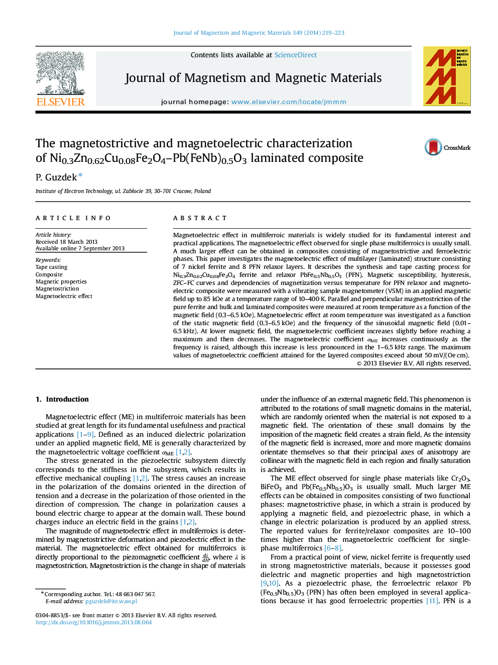 The magnetostrictive and magnetoelectric characterization of Ni0.3Zn0.62Cu0.08Fe2O4-Pb(FeNb)0.5O3 laminated composite