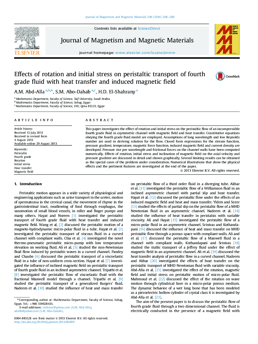 Effects of rotation and initial stress on peristaltic transport of fourth grade fluid with heat transfer and induced magnetic field