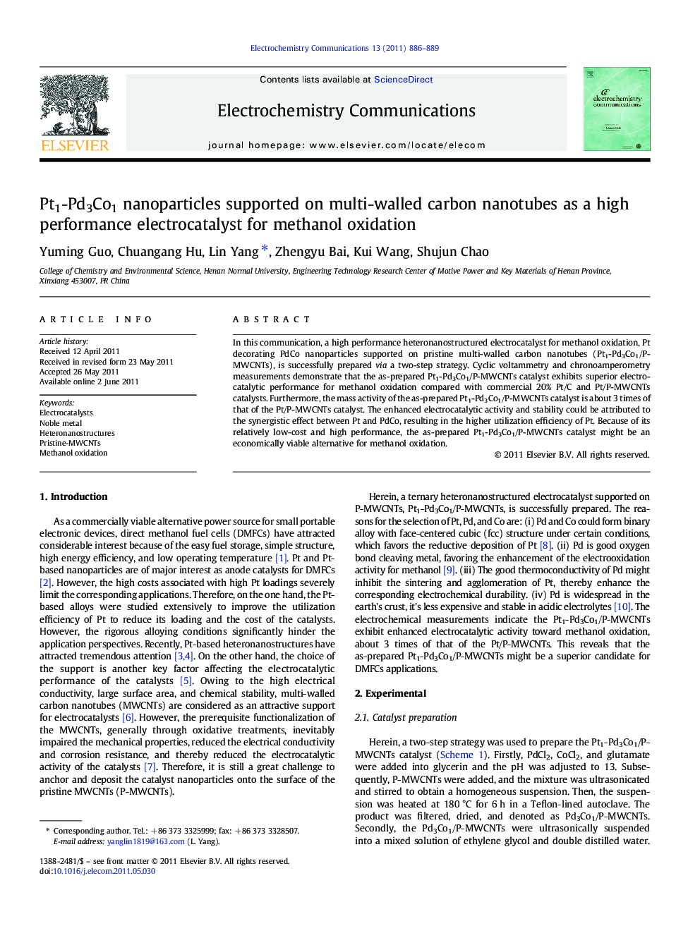 Pt1-Pd3Co1 nanoparticles supported on multi-walled carbon nanotubes as a high performance electrocatalyst for methanol oxidation