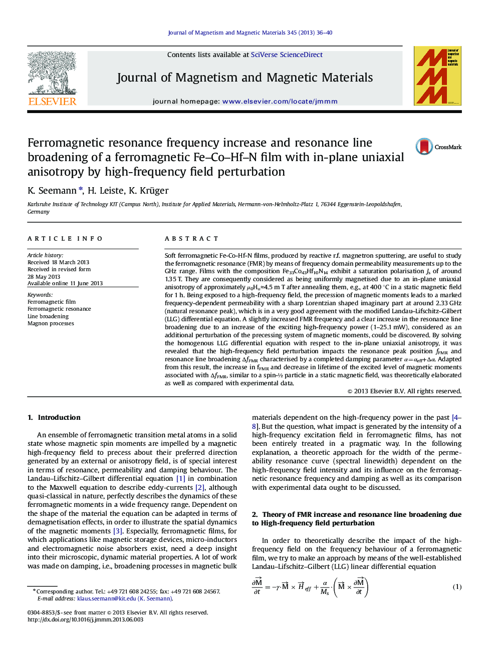Ferromagnetic resonance frequency increase and resonance line broadening of a ferromagnetic Fe–Co–Hf–N film with in-plane uniaxial anisotropy by high-frequency field perturbation