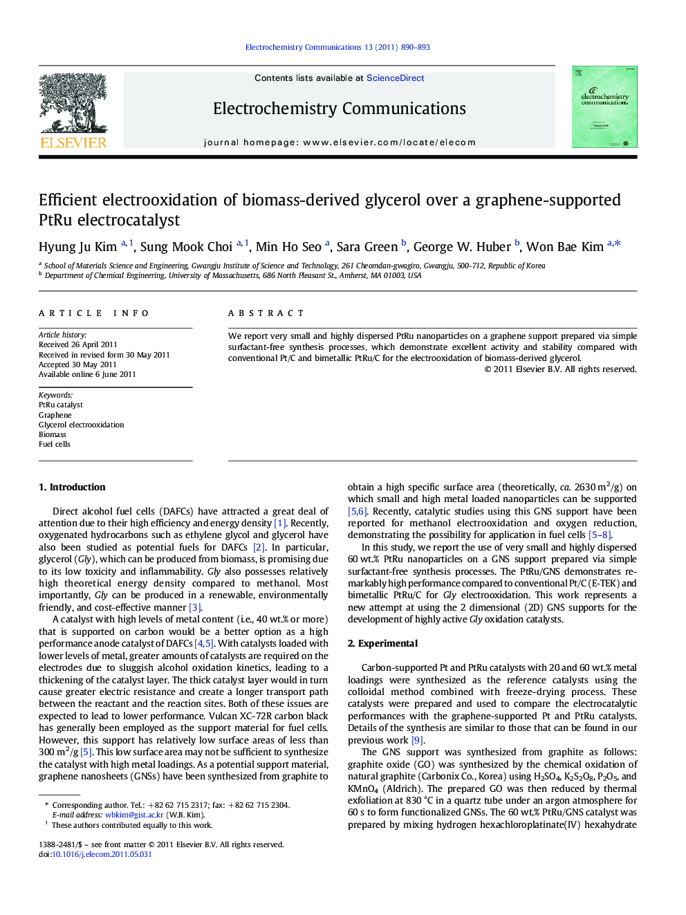 Efficient electrooxidation of biomass-derived glycerol over a graphene-supported PtRu electrocatalyst