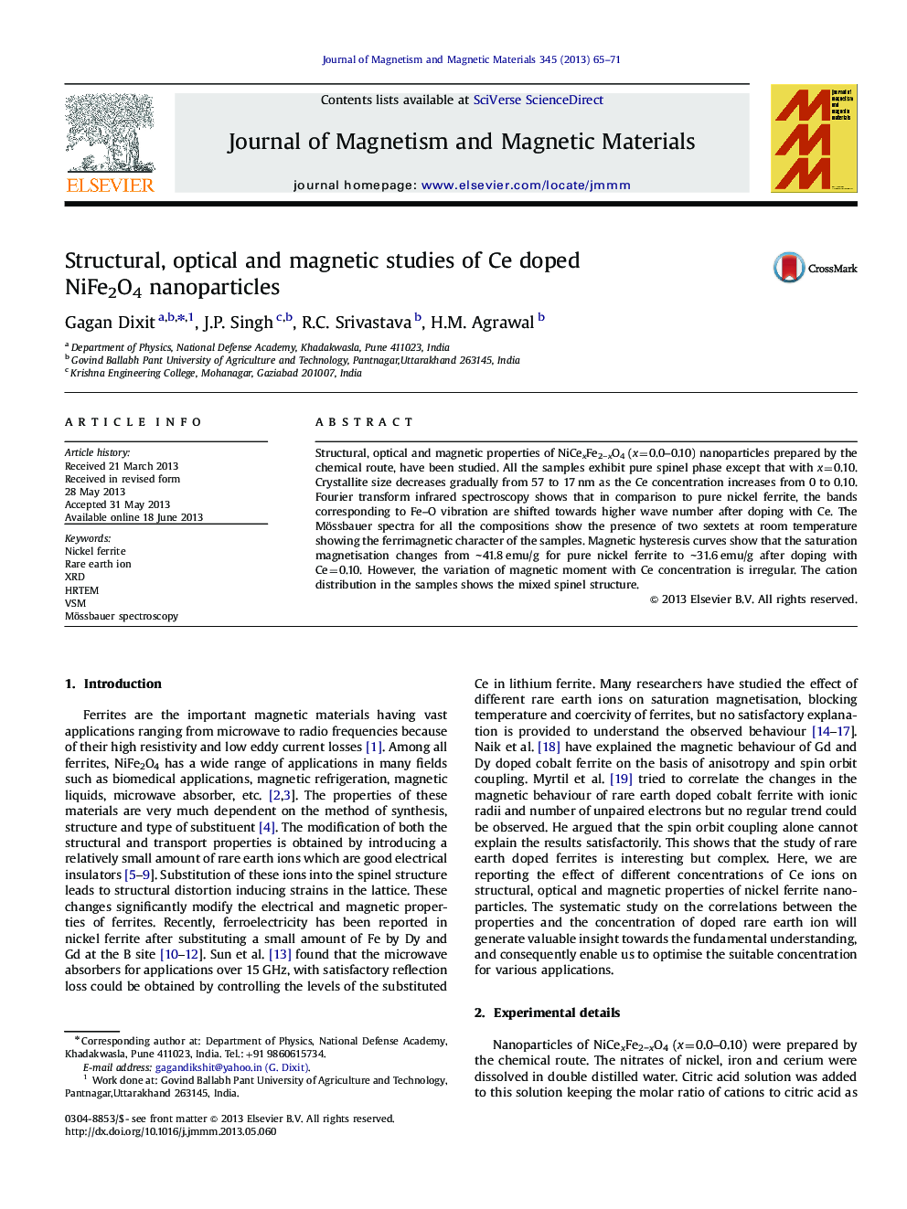 Structural, optical and magnetic studies of Ce doped NiFe2O4 nanoparticles