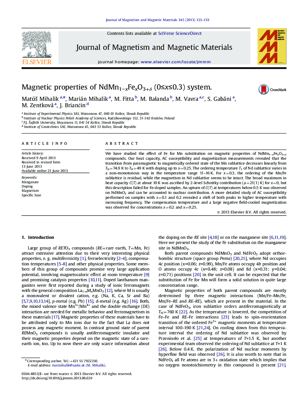 Magnetic properties of NdMn1−xFexO3+δ (0≤x≤0.3) system.