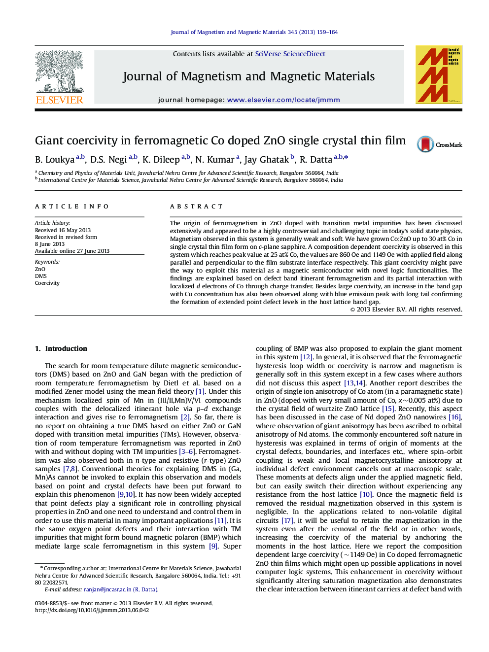 Giant coercivity in ferromagnetic Co doped ZnO single crystal thin film