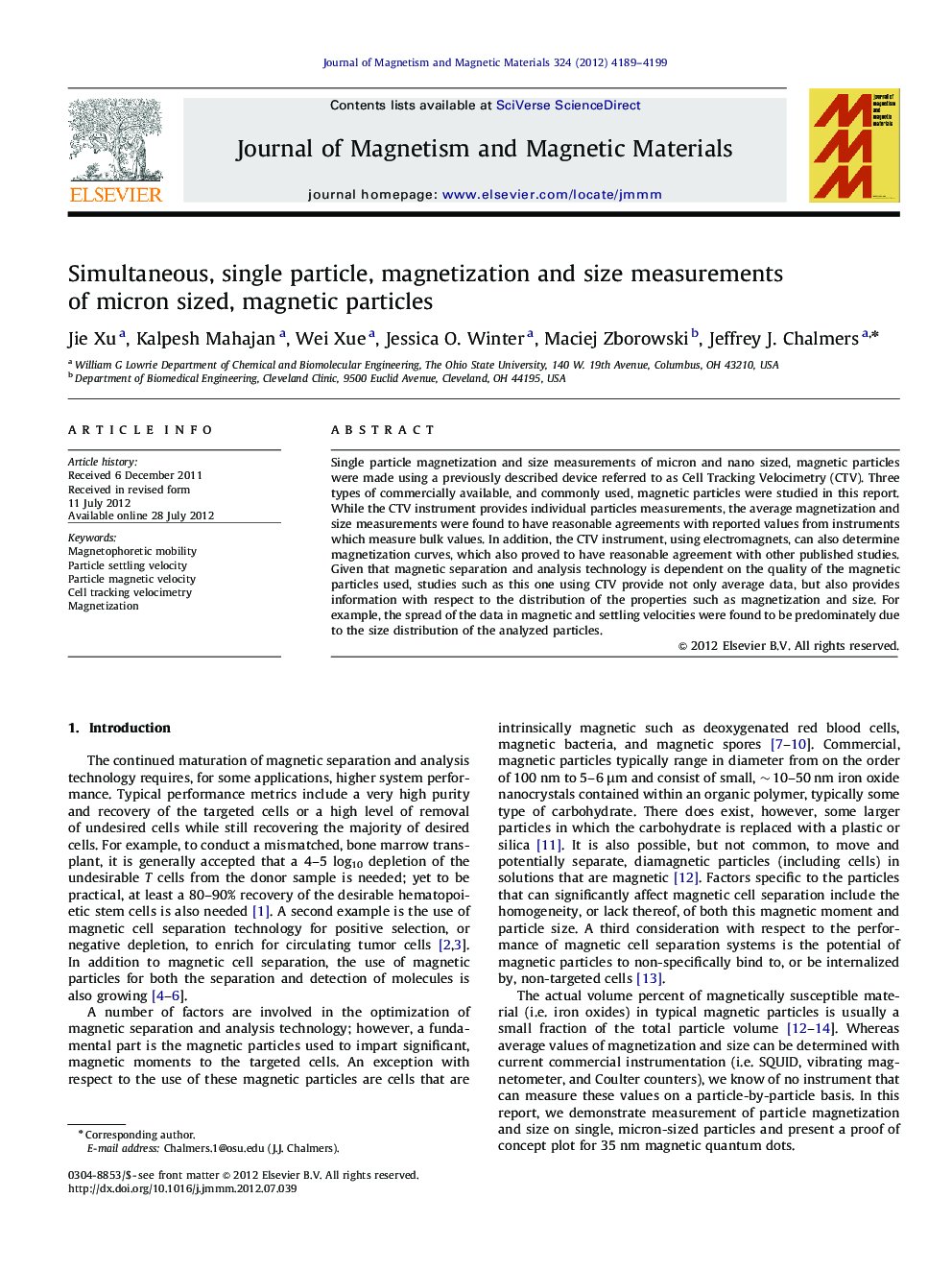 Simultaneous, single particle, magnetization and size measurements of micron sized, magnetic particles