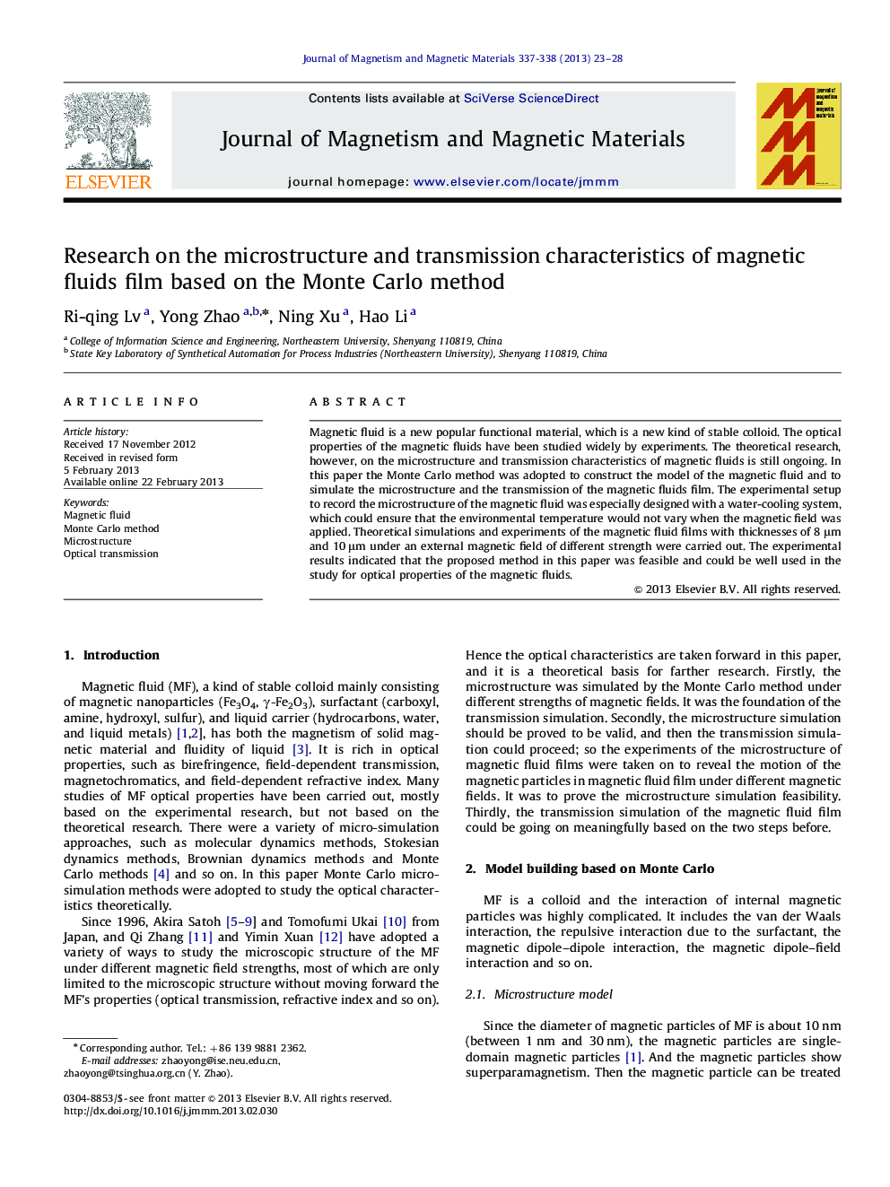 Research on the microstructure and transmission characteristics of magnetic fluids film based on the Monte Carlo method