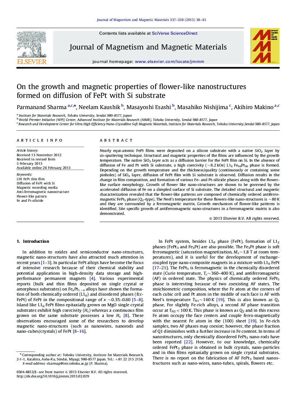 On the growth and magnetic properties of flower-like nanostructures formed on diffusion of FePt with Si substrate