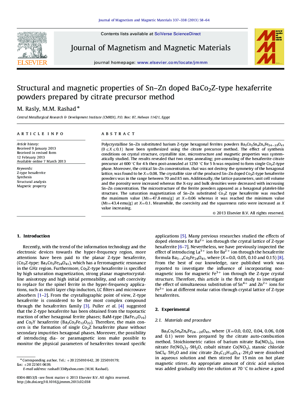 Structural and magnetic properties of Sn–Zn doped BaCo2Z-type hexaferrite powders prepared by citrate precursor method